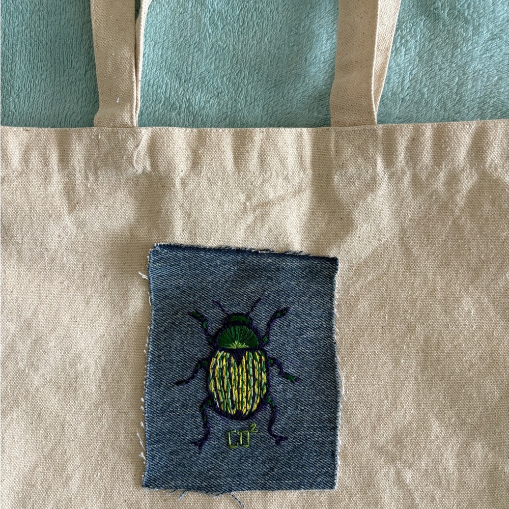 Hand Embroidered Beetle Patch on Denim - Picture 3 of 4